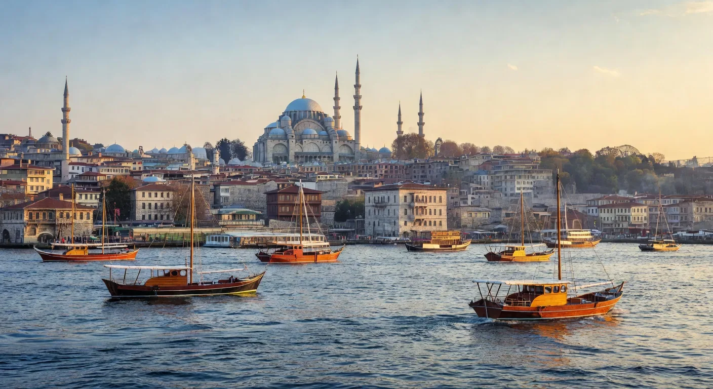 Bosphorus Strait and Istanbul skyline at dusk