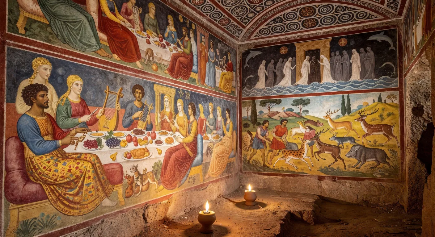 Etruscan tomb frescoes — ancient painted burial chamber in Italy