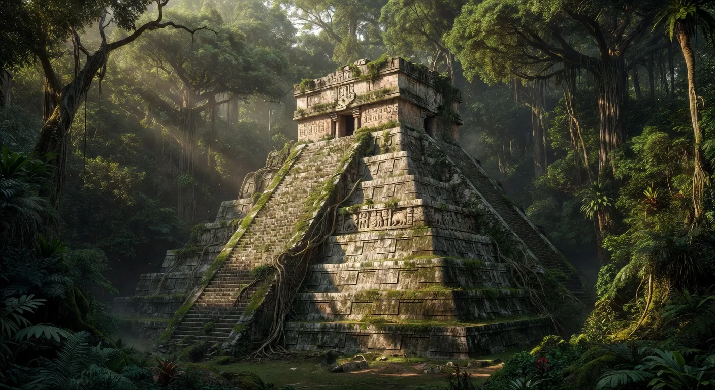 Ancient pyramid emerging from the jungle canopy