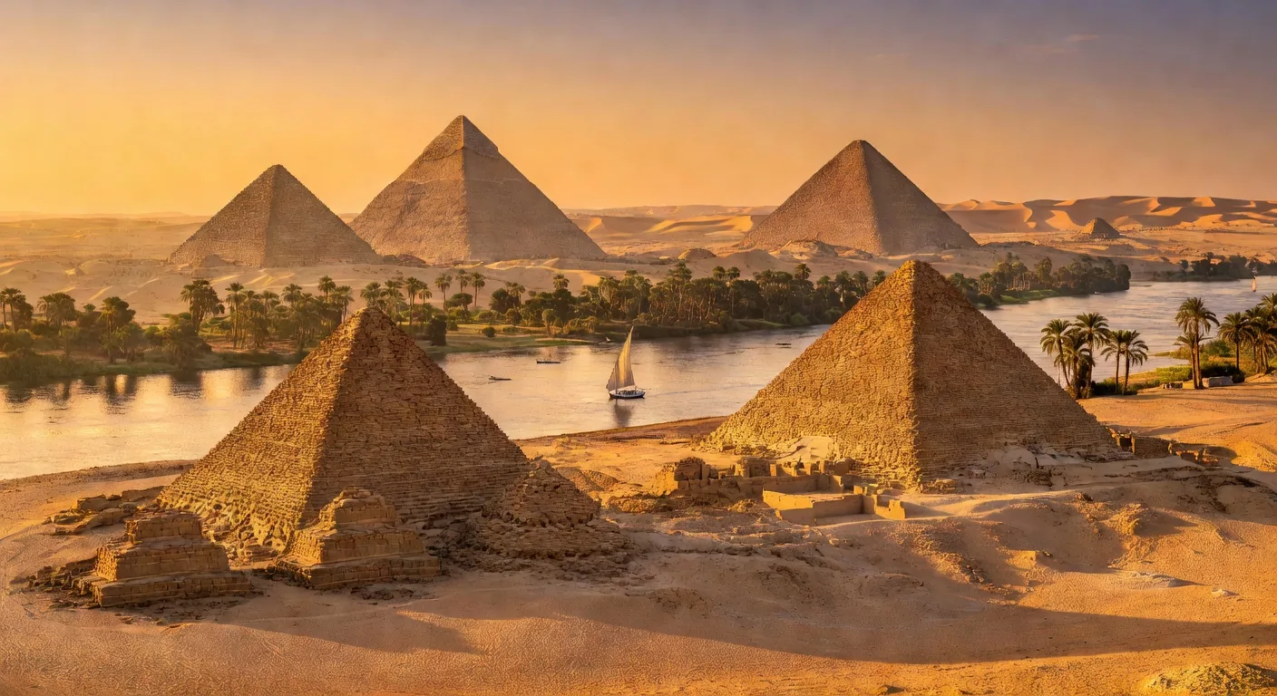 Nubian pyramids along the Nile at sunrise