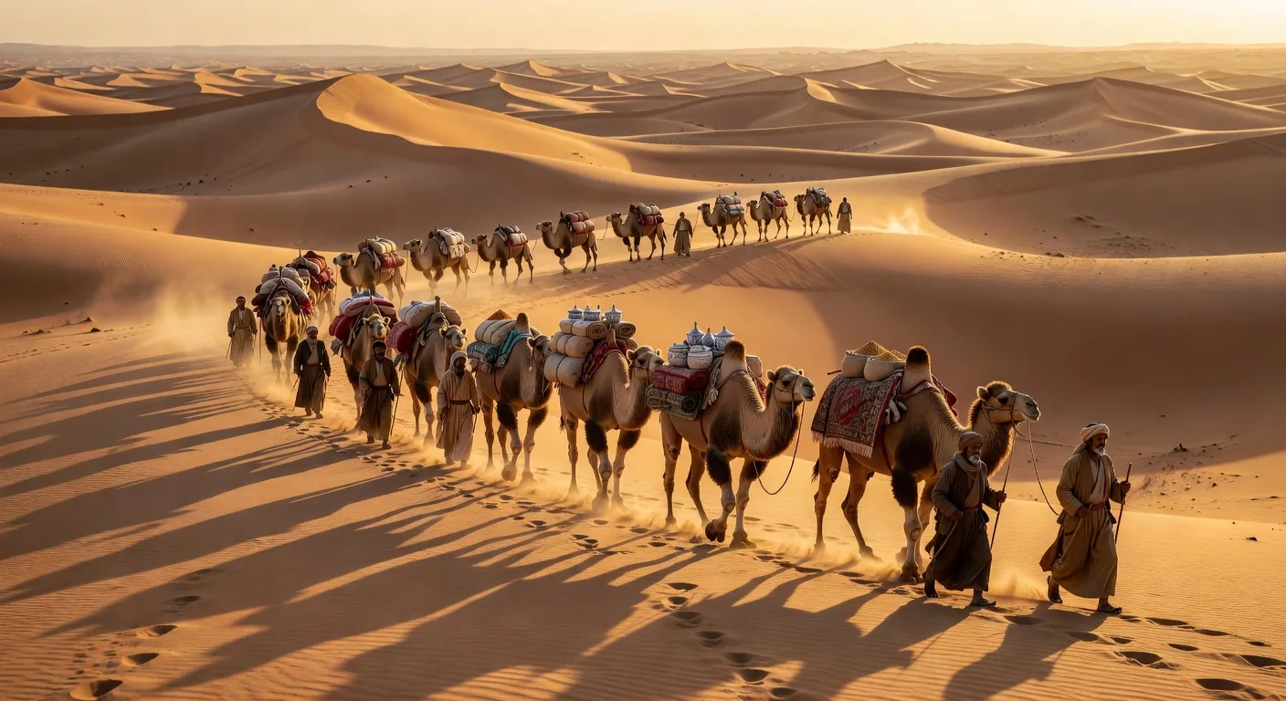 Silk Road caravan at dusk